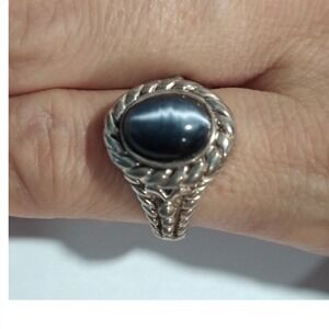 Vintage Silver Tone Cats Eye Ring Oval Cabochon Statement Ring Size 8